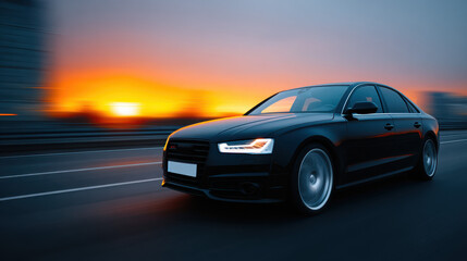 Obraz premium A black car is driving down a road at sunset