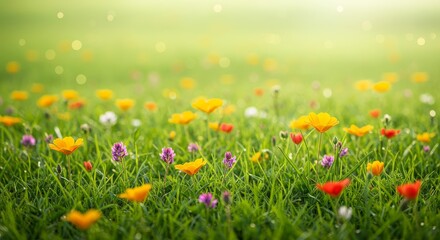Fototapeta premium Illustration of beautiful flower field with colorful wildflowers in the green grass