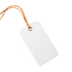 Blank white paper price tag with string isolated on transparent background
