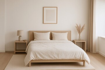 Modern and minimalist bedroom interior featuring a wooden bed, matching nightstands, a beige rug, and neutral toned linens, creating a serene and calming atmosphere