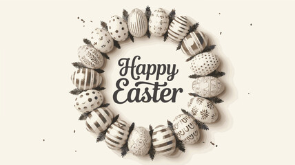 Elegant Easter eggs arranged in a circular wreath with festive text decorative