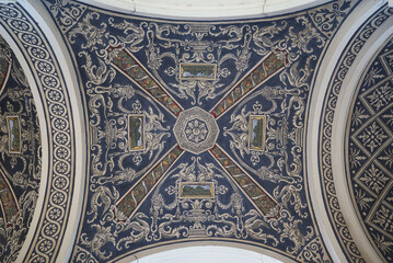 Detail of a richly decorated ceiling of the Buda Castle Garden Bazaar (Varkert Bazaar) in Budapest, Hungary