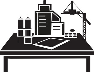 Construction Blue prints on desk Silhouette. Architectural  blueprint work space silhouette vector.