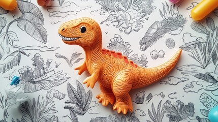 A vibrant orange dinosaur toy on a patterned background featuring plants and landscapes.