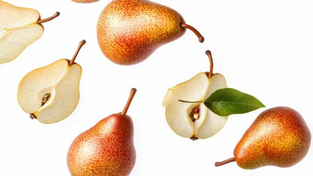 Fresh pears cut in half on a clean white surface