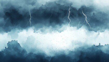 Minimalist Rainstorm Background with Soft Gray Clouds, Lightning, and Watercolor Texture in Subtle Blue Hues
