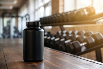 Black supplement bottle stands prominently on a wooden surface in a well equipped gym setting