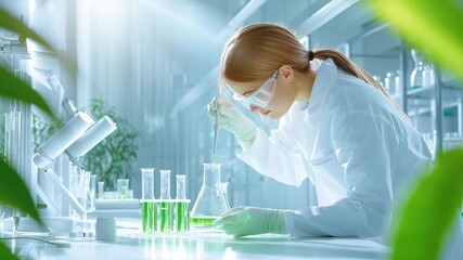 Young woman researcher in white lab coat and protective glasses performs scientific experiment with green liquid samples in modern laboratory with plant elements. - Powered by Adobe