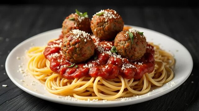 Delicious spaghetti and meatballs with tasty tomato sauce and Parmesan cheese sprinkle