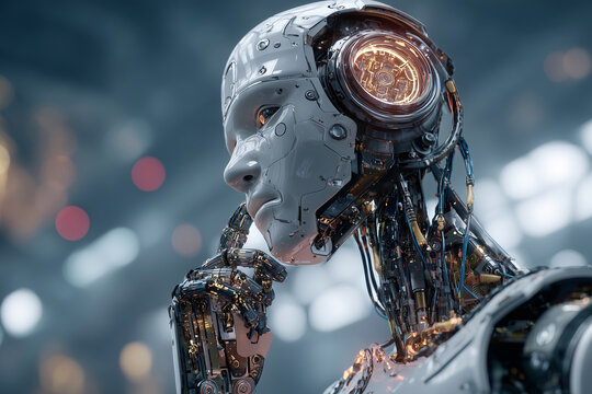 A robot with a face and a pair of headphones is looking down