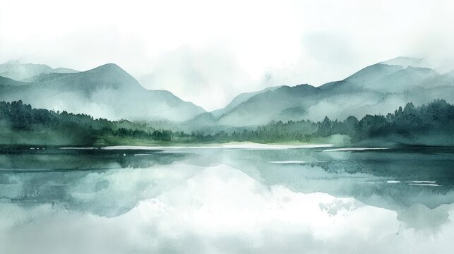 Serene watercolor landscape featuring mountains and a reflective lake.