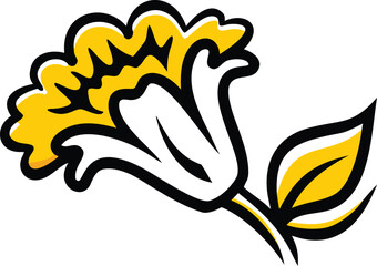 Yellow flower with black outlines blooms vividly against a white background, showcasing floral beauty