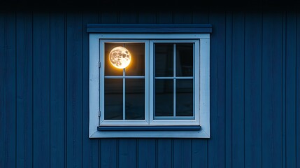 Obraz premium Full moon reflected in a window of a dark blue wooden house.