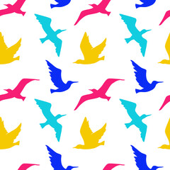 Seamless pattern with Flying Birds. Colorful vector illustration. Hand drawing silhouette. Animal background.