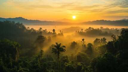 Obraz premium Dawn breaks over a misty rainforest with silhouettes of trees and mountains in the background near sunrise