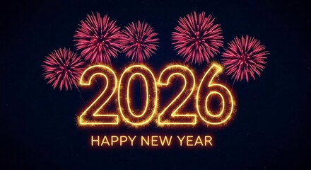 Neon 2026 Happy New Year with fireworks in night sky