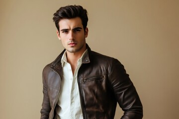 Obraz premium Studio portrait of young, handsome model wearing brown leather jacket and white shirt, looking serious and stylish