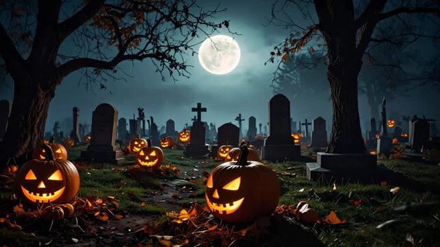 Scary carved Halloween pumpkin in spooky graveyard at night, glowing jack-o'-lanterns with eerie atmosphere &ndash; cinematic anamorphic video background

