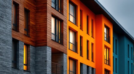 Obraz premium A row of colorful apartment buildings with orange and blue facades