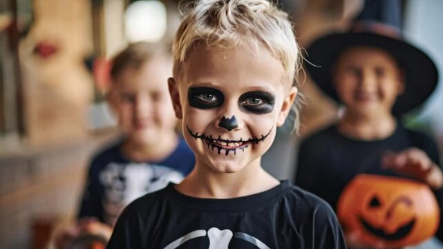  little girls with a painted face is walking in the dark woods to celebrating in halloween. The children in demon costumes is spell enchant so enjoyment in halloween. Kids trick or treat.