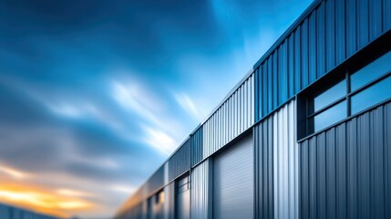 A large building with a blue roof and a white stripe