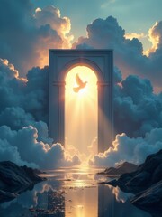 An angelic figure rises through a radiant heavenly gate amid clouds and sunlight at sunrise.