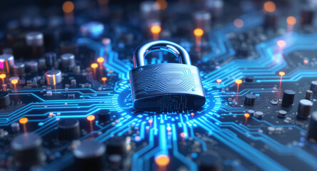 Horizontal lock with blue light on an electronic circuit. Cyber security data protection business privacy concept