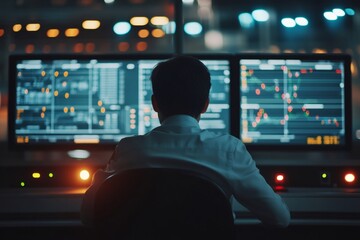 Railway dispatcher working late at night, managing train traffic and ensuring smooth operations in control center