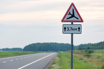 Russia. Saint Petersburg. Low-flying aircraft road sign on the runway of Pulkovo Airport.