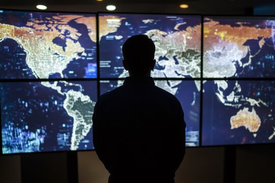 Silhouette of an IT professional analyzing world map data on multiple screens in a dark control room, enhancing global security
