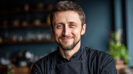 Obraz premium Male chef with a beard wearing a black apron is smiling confidently in a modern kitchen, surrounded by fresh ingredients and a warm, inviting atmosphere