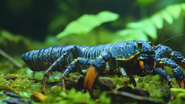Macro Shot of Exotic Crayfish in Lush Green Habitat