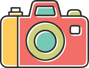 Colorful retro-style camera illustration with a hand-drawn look and thick black outlines.