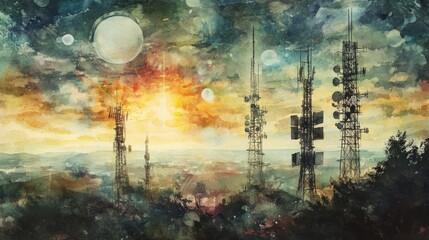A vibrant, abstract landscape featuring communication towers against a colorful sunset.