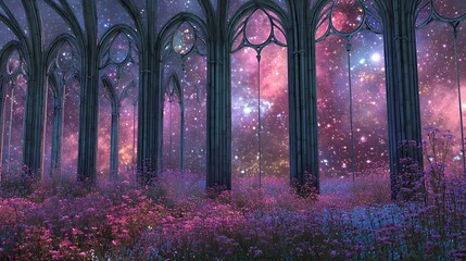 Fototapeta premium Enchanting gothic forest cathedral with mystical lights and falling petals