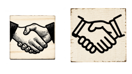 Two stylized handshake icons, one in a vintage engraved style and the other a modern line art, isolated on transparent background
