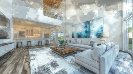 Bright and modern living room with open layout and stylish decor.