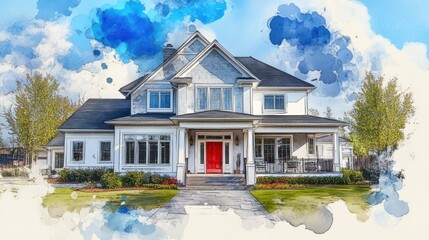 A beautiful modern house with a red door, surrounded by greenery and a blue sky.