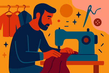 A black and white silhouette image captures a classic sewing scene, showcasing craftsmanship and design with a tailor at a sewing machine