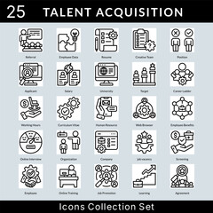 Talent Acquisition icon set collection in outline style. an icon pack contain training, jigsaw, listing, questionnaire, candidates, job search, comparison, web browser, employee, leader
