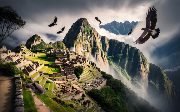 Majestic Machu Picchu Ancient Citadel Amidst Towering Andes Mountains with Soaring Condors and Ethereal Mist Creates a Breathtaking Panorama