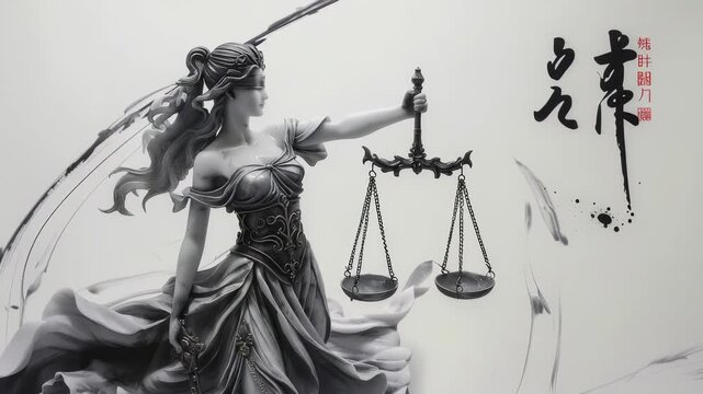 Monochromatic showcasing statue Lady Justice holding scales, set against background that includes flowing designs, traditional calligraphy, conveying sense timeless judgment.