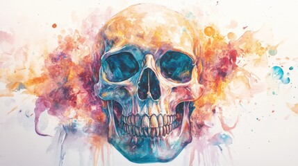A vibrant watercolor skull illustration surrounded by colorful splashes.