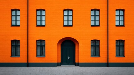 Obraz premium The orange building has a large archway and a black door