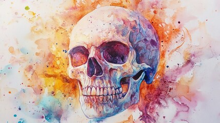 A vibrant watercolor painting of a skull surrounded by colorful splashes.