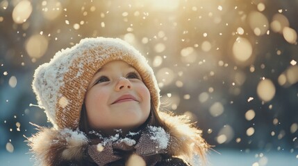 A joyful child enjoying a snowy day, looking up with wonder amidst falling snowflakes.
