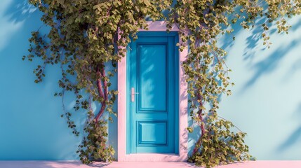 Doorway Delight: Blue door, vines, European style. Inviting entrance for travel, design, and inspirational projects.