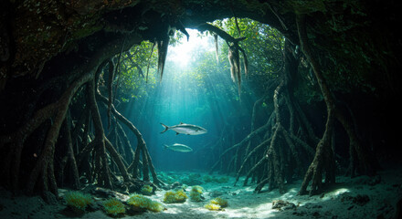 Underwater mangrove forest with sunlight filtering through the roots, illuminating fish swimming in the clear water