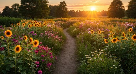 Sunset path through colorful flowers