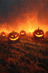 Fototapeta premium Text featuring glowing pumpkin field with menacing expressions